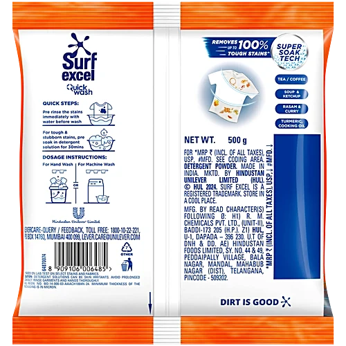 Surf Excel Quick Wash Detergent Powder, 500 g