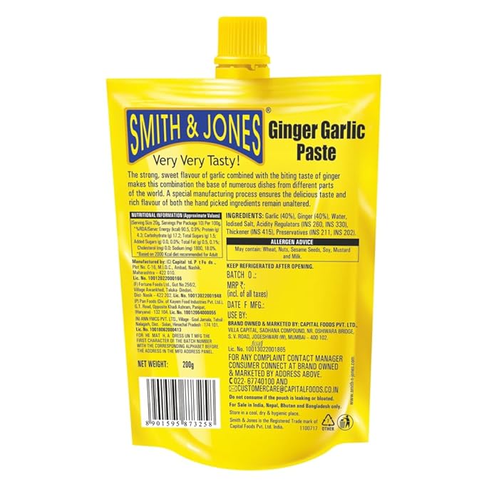 Smith & Jones Ginger Garlic Paste, 200g, Thick & Coarse Paste for Cooking, Aromatic & Flavorful