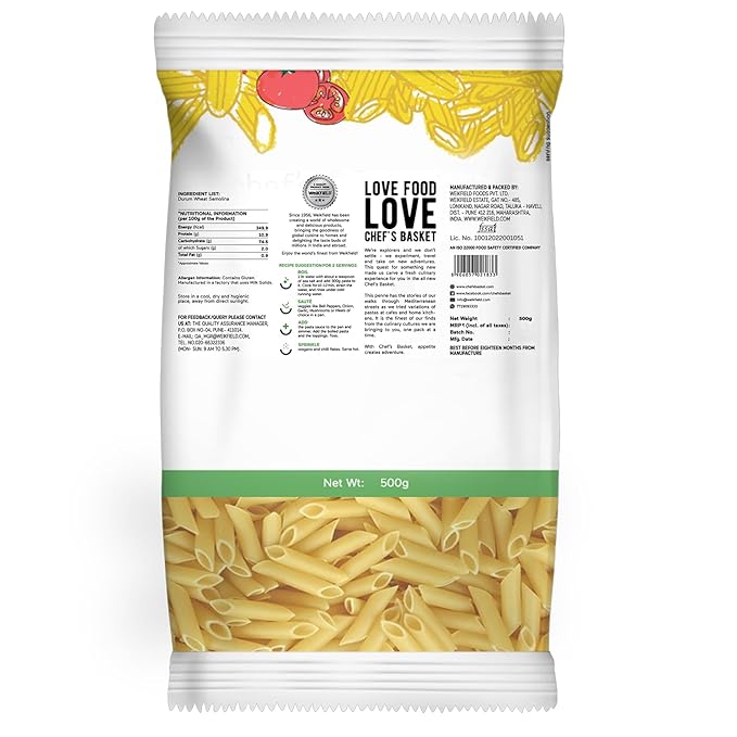 Chef's Basket - Durum Wheat Penne Pasta | Vegetarian | Made with Durum Wheat Semolina | 500 gm Pouch