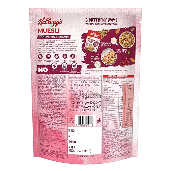 Kellogg's Muesli Fruit Nut & Seeds 500G | 12-In-1 Power Breakfast