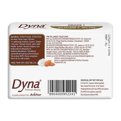Dyna Premium Milk Cream & Almond Oil Soap 125 g (Pack of 4)