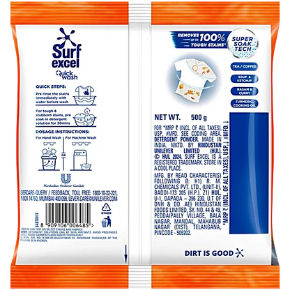 Surf Excel Quick Wash Detergent Powder, 500 g