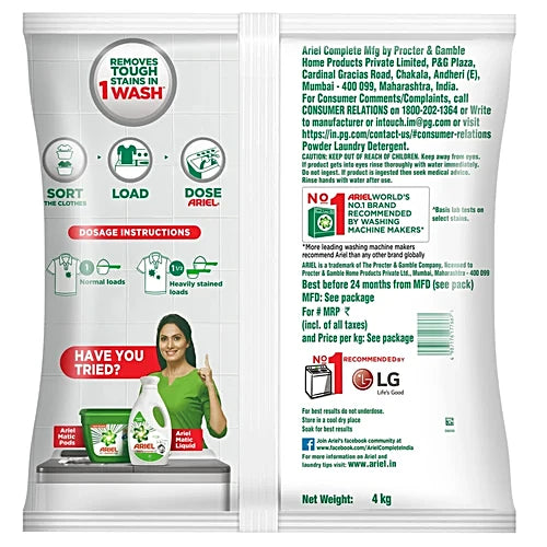 Ariel Complete Detergent Powder - Removes 100 Tough Stains In 1 wash, 4 kg