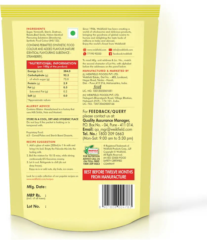 WeiKFiELD Instant Falooda Mix Strawberry Flavor Pouch 200 g